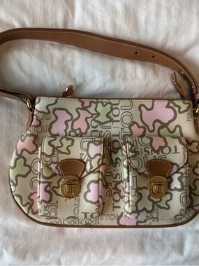 Tory Burch Pink, Green & Cream Logo Canvas Shoulder Bag with Tan Strap